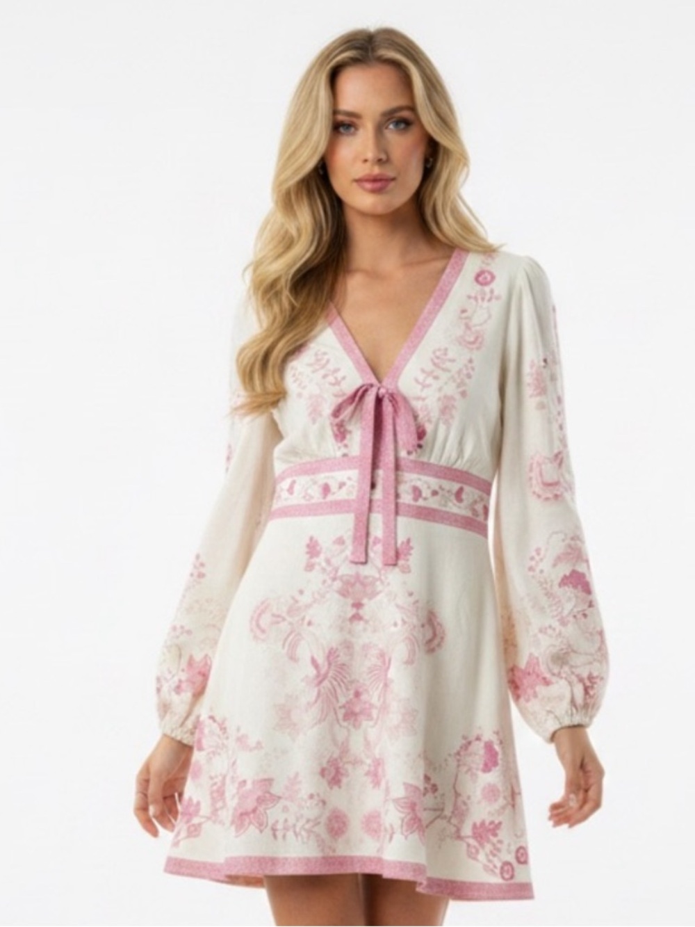 Caroline Constas V-neck linen mini dress with Long puff sleeves L (Zimmermann)